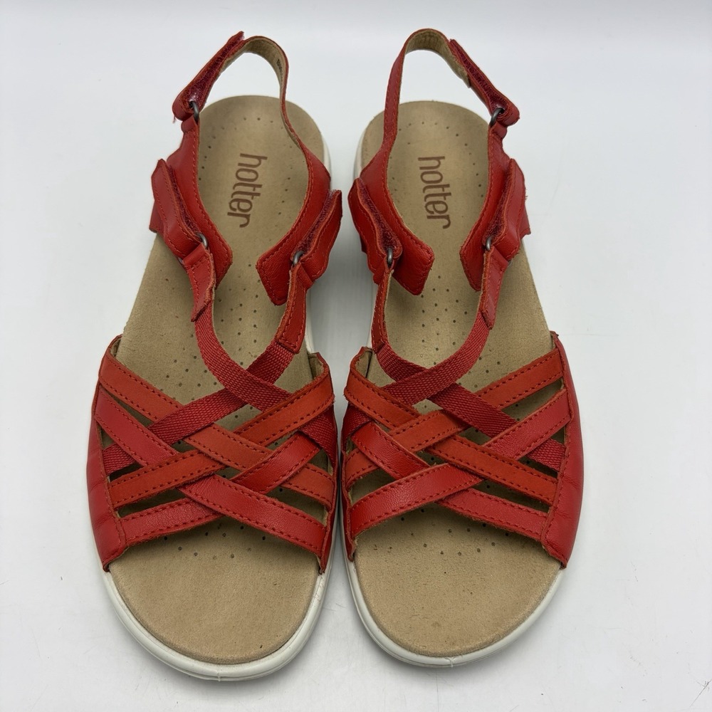 Hotter Sandals Womens 7.5 Red Leather Strappy Spring Casual Flat